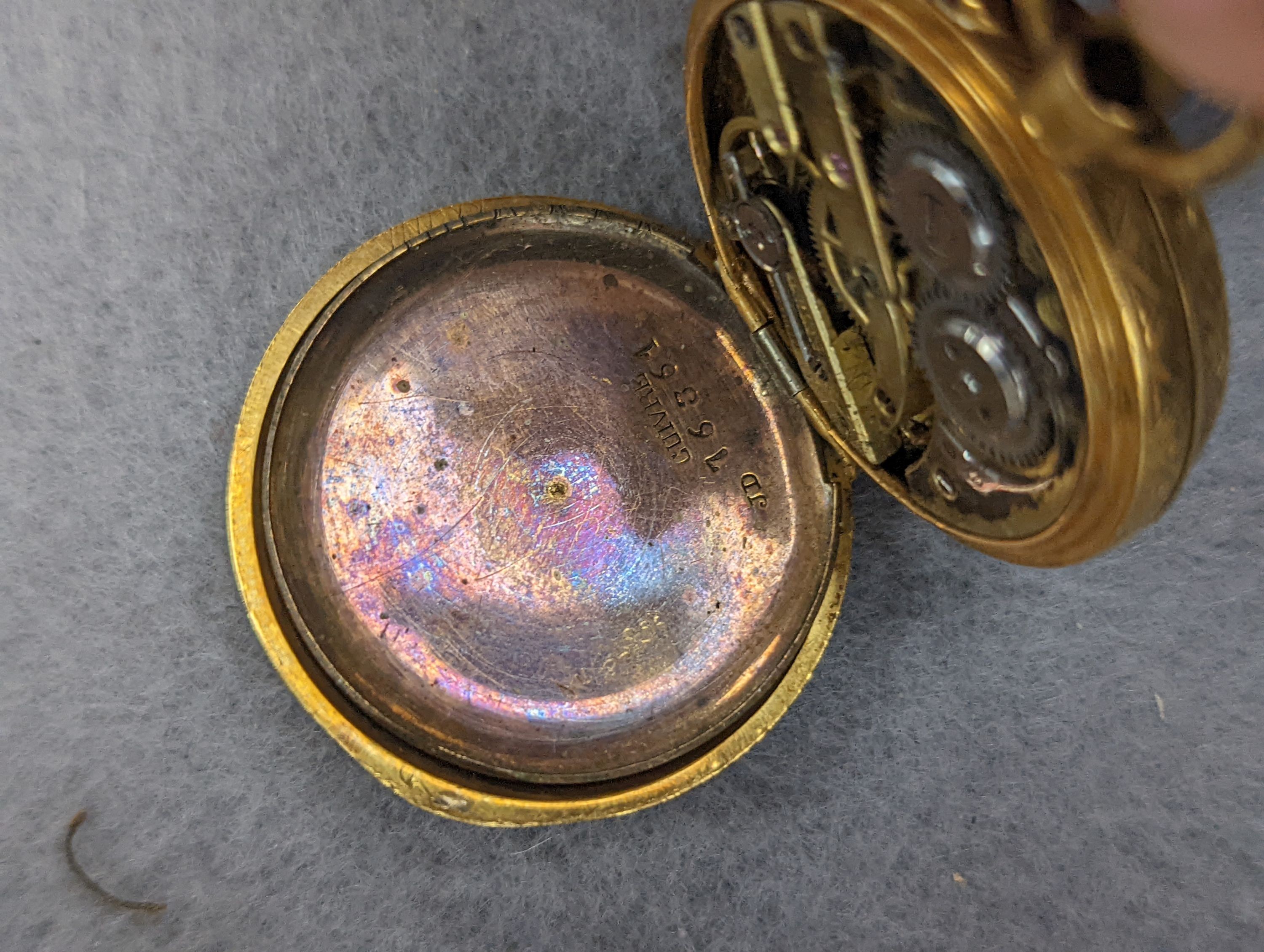 An 18k fob watch(a.f.) gross 20.4 grams, a 9ct wrist watch on a 9ct expanding bracelet, gross 20.7 grams, a gold plated pocket watch, an 800 fob watch and a 19th century silver pair cased verge keywind pocket watch, by J